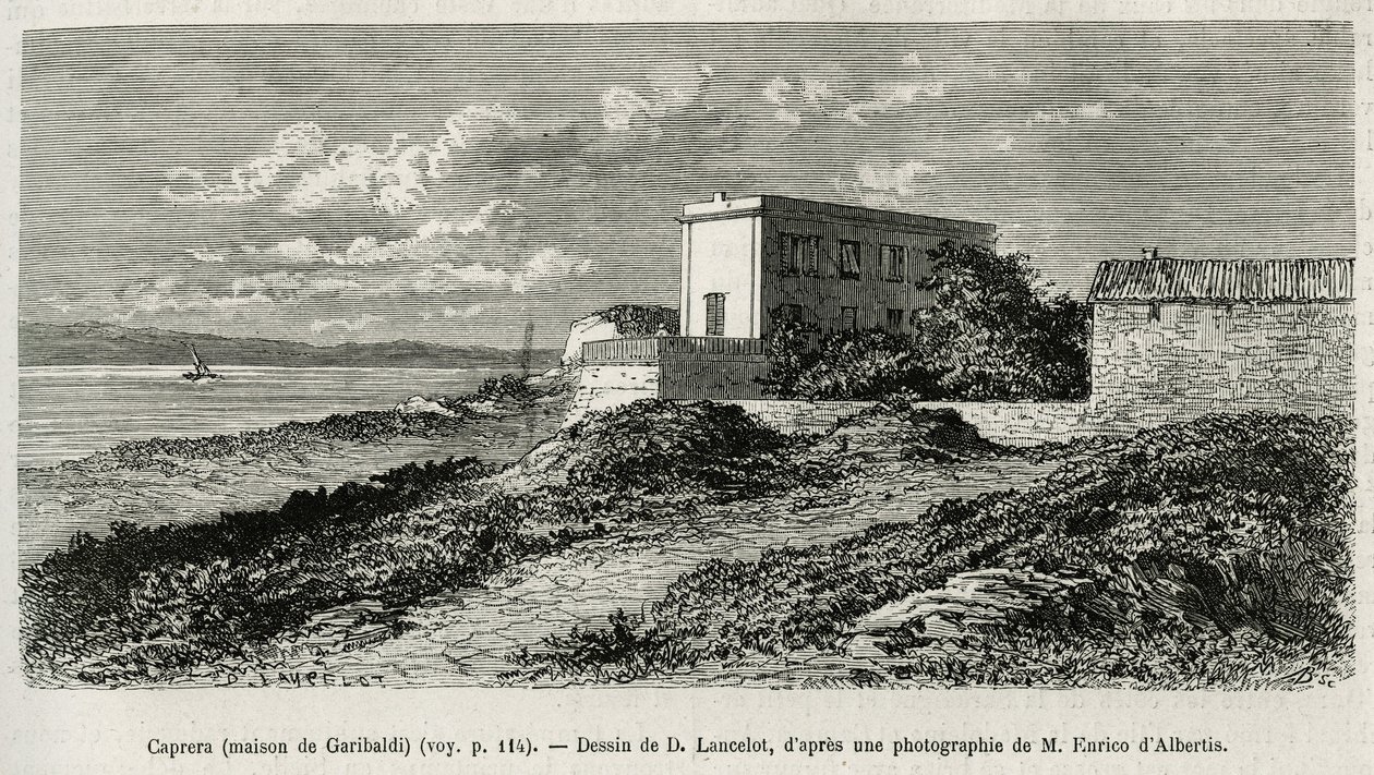 A casa de Giuseppe Garibaldi (1807-1882) em La Caprera (Sardenha), gravada após um desenho de D. Lancelot, para ilustrar a história da Síria hoje, pelo Sr. Lortet, reitor da Faculdade de Medicina de Lyon, encarregado de uma missão científica pelo Ministéri de Dieudonne Auguste Lancelot