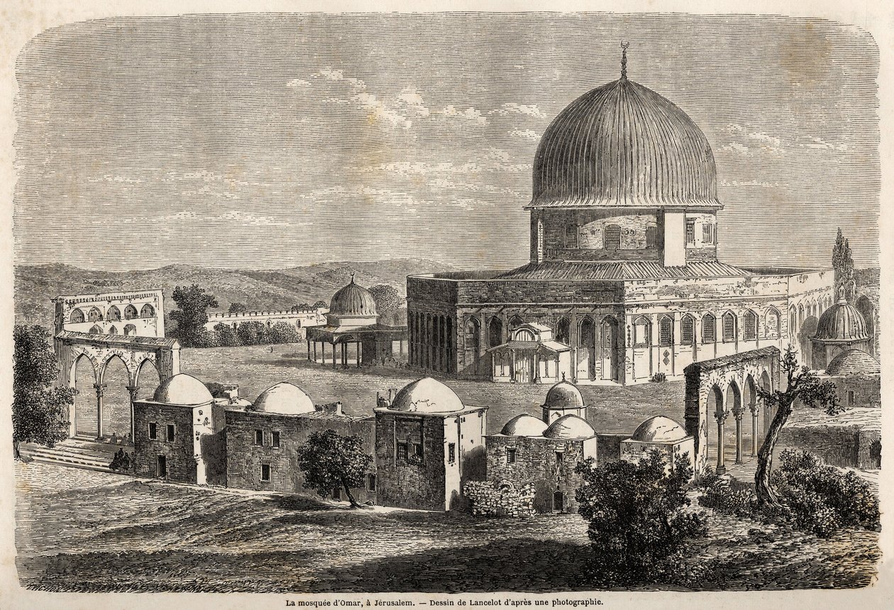 A mesquita de Omar, construída em 691 em Jerusalém, desenhada por Lancelot, para ilustrar a viagem do Sr. Bida à Palestina em 1856. Gravura em "Le tour du monde, nouveau journal des voyages" Paris de Dieudonne Auguste Lancelot