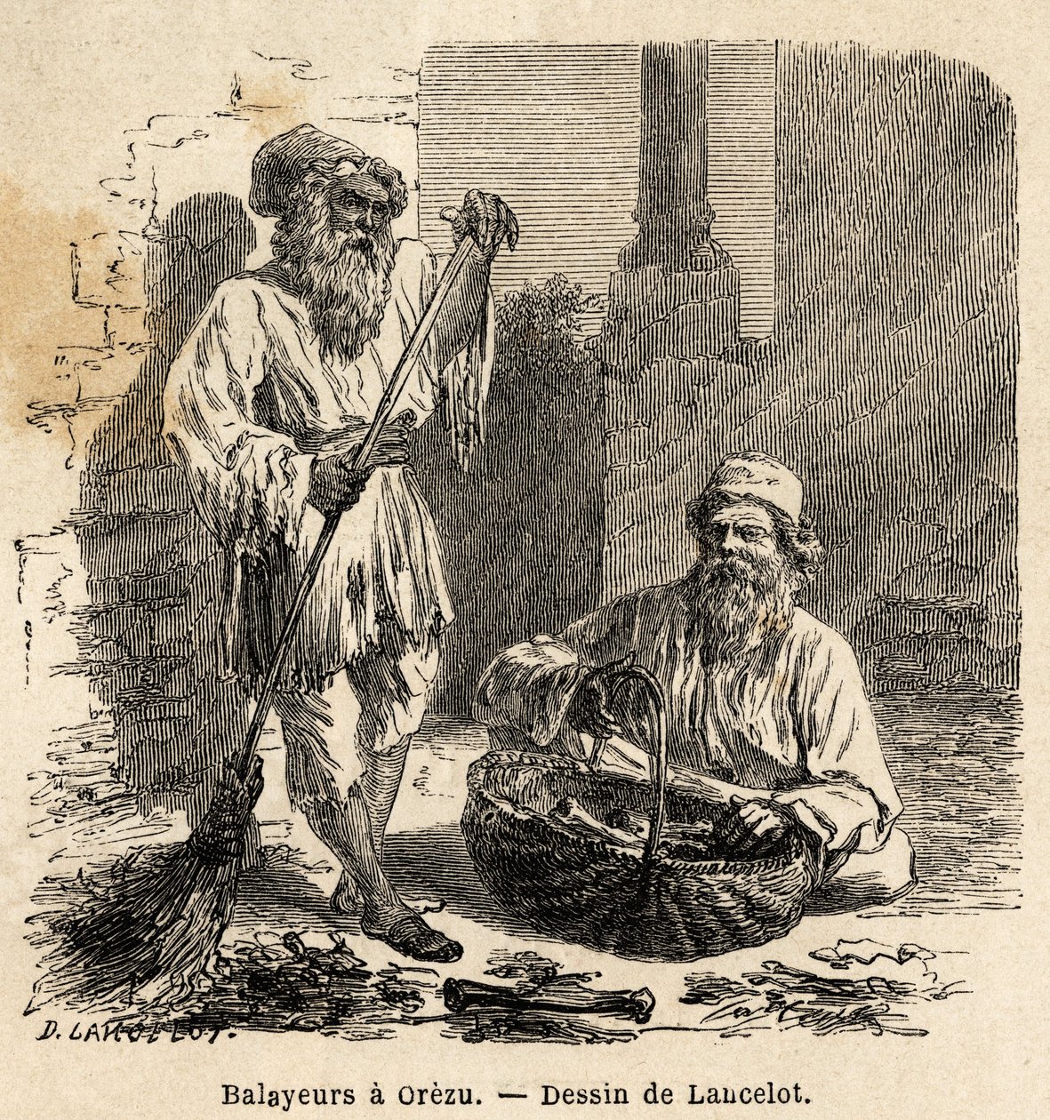 Os varredores em Orezu (Roménia). Gravura para ilustrar a viagem de Paris a Bucareste, de Lancelot, desenhista, em 1860, publicada no "Le tour du monde, nouveau journal des voyages", sob a direcção de Edouard Charton de Dieudonne Auguste Lancelot