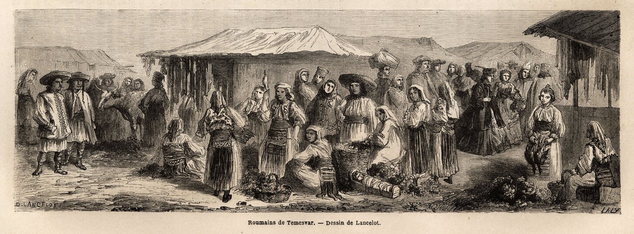 A população ambulante de Tesmevar (ou Timisoara) na Roménia. Gravura para ilustrar a viagem de Paris a Bucareste, de Lancelot, desenhista, em 1860, publicada na "Le tour du monde, nouveau journal des voyages", sob a direcção de Edouard Charton de Dieudonne Auguste Lancelot