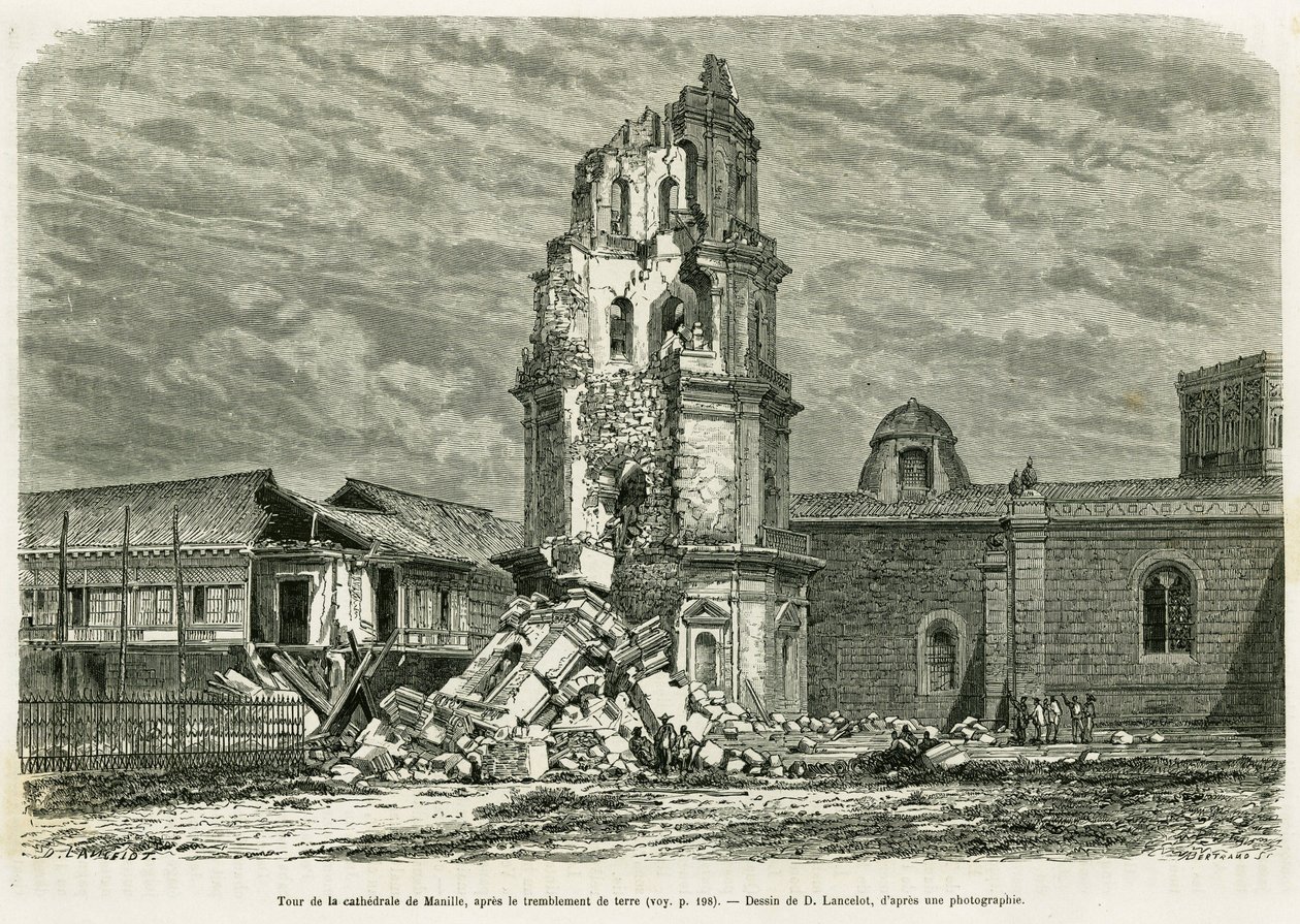 Torre da Catedral de Manila, após o terremoto de 18 de julho de 1880. Gravura de Lancelot para ilustrar a história Lucon e Palaouan, seis anos nas Filipinas, por Alfred Marche de Dieudonne Auguste Lancelot