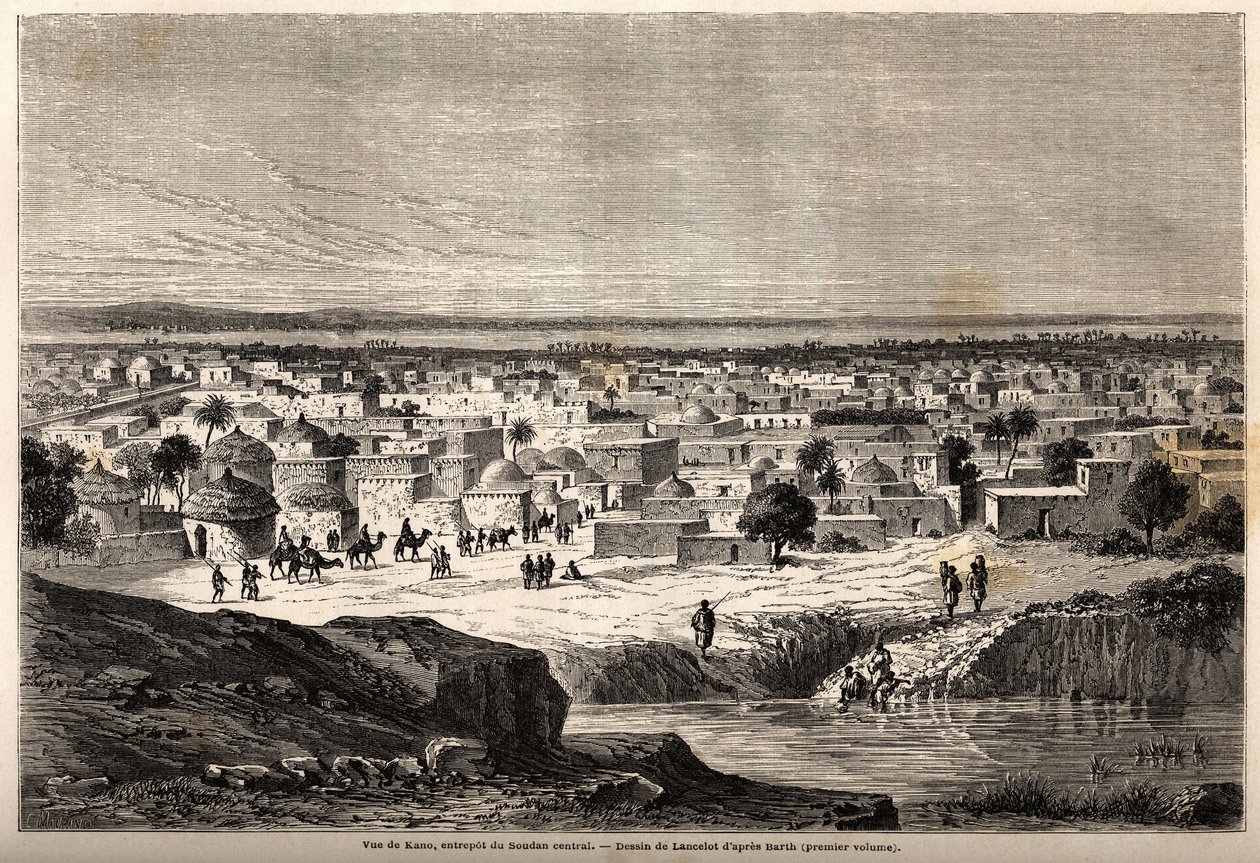 Vista de Kano (cidade e estado a norte da Nigéria actual), armazém do Sudão central, desenho de Lancelot, para ilustrar a viagem de 1849-1855, ao centro de África do Dr. Henri Barth. Gravura em "Le tour du monde, nouveau journal des voyages". de Dieudonne Auguste Lancelot