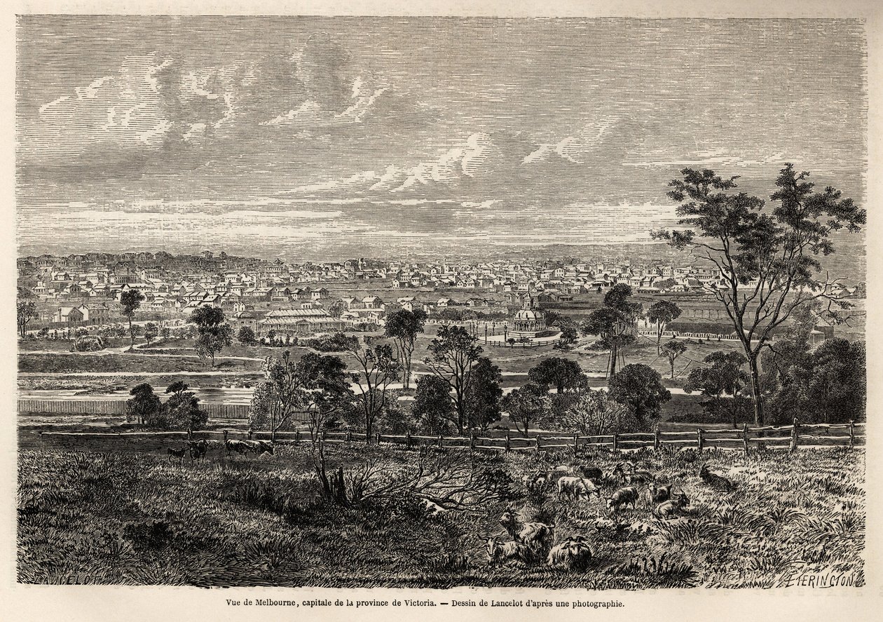 Vista de Melbourne (Austrália), desenho de Lancelot, para ilustrar as memórias de um ocupante francês na Austrália, em 1854-1859, de M. de Castella. Gravura em "Le tour du monde", 1861. A coleção de Selva. de Dieudonne Auguste Lancelot