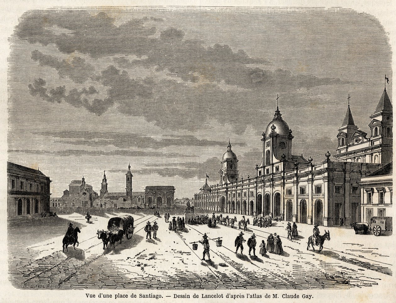 Vista de uma praça em Santiago (Chile), desenho de Lancelot, para ilustrar a viagem à América do Sul, em 1823, de Giovanni Mastai Ferretti (1792-1878, futuro Pio IX). Gravura em "Le tour du monde, nouveau journal des voyages" Paris de Dieudonne Auguste Lancelot