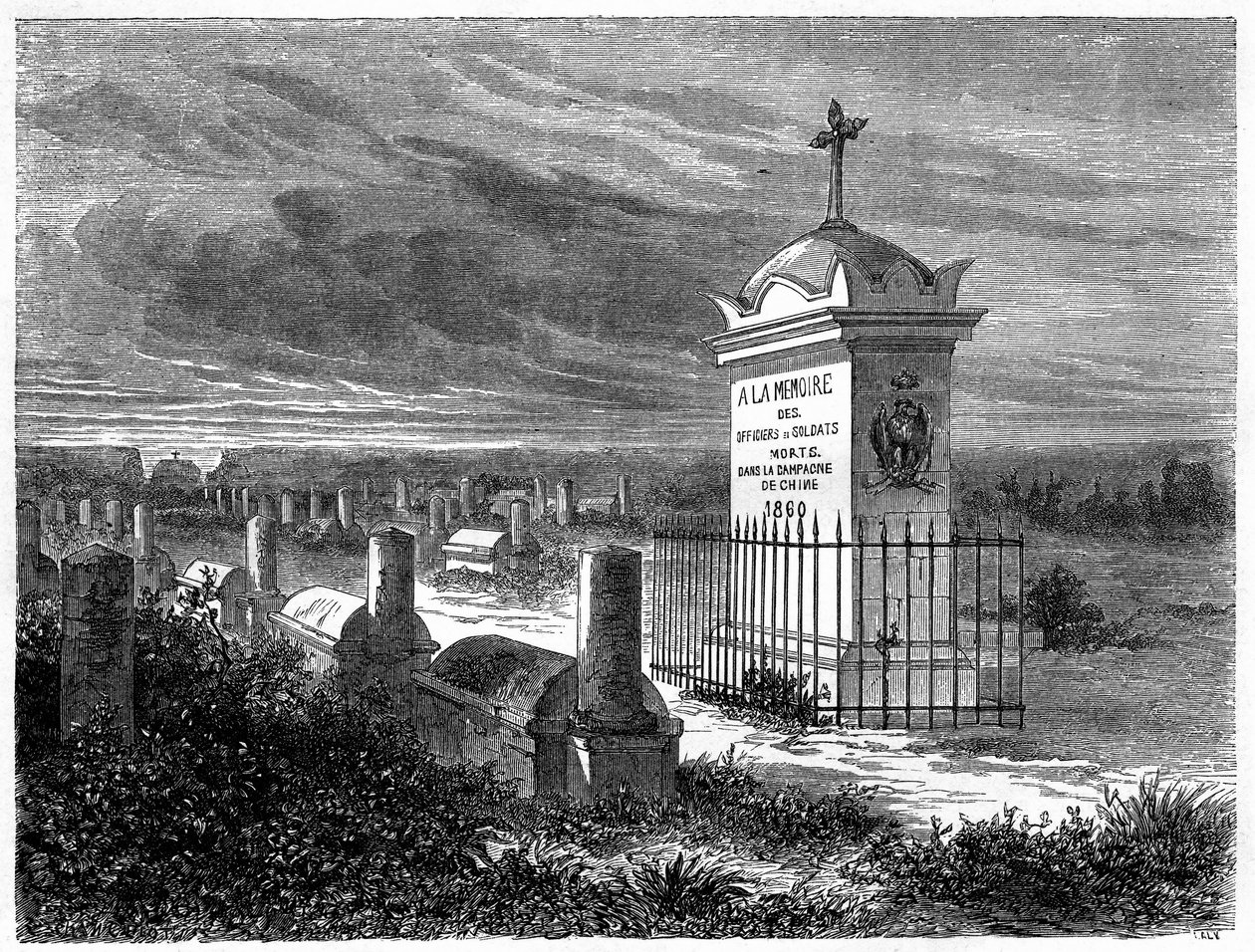 Vista do Cemitério Francês em Pekin (Pequim), China. Gravura após um desenho de Lancelot, em "Le Tour du Monde, Nouveau journal des Voyages", editado por Edouard Charton, Paris de Dieudonne Auguste Lancelot
