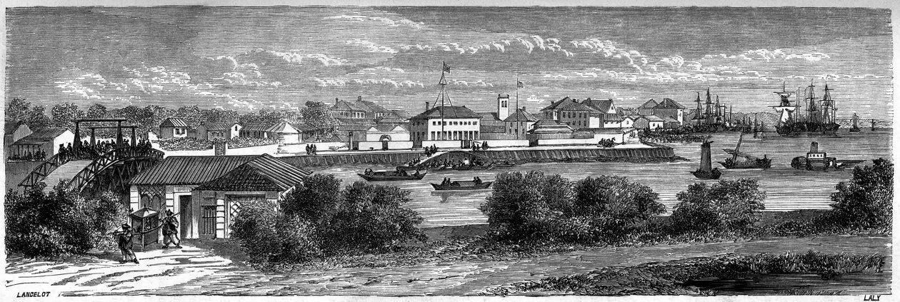 Vista da concessão dos Estados Unidos no rio Huangpu, em Xangai, em 1860, China. Gravura de Lancelot, em "Le Tour du Monde, Nouveau journal des Voyages", editado por Edouard Charton, Paris de Dieudonne Auguste Lancelot