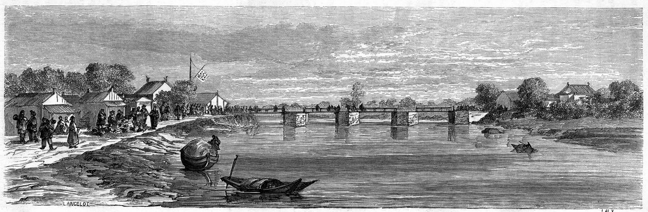 Vista da ponte sobre o rio Suzhou, perto de Xangai em 1860, China. Gravura de Lancelot, em "Le Tour du Monde, Nouveau journal des Voyages", editado por Edouard Charton, Paris de Dieudonne Auguste Lancelot