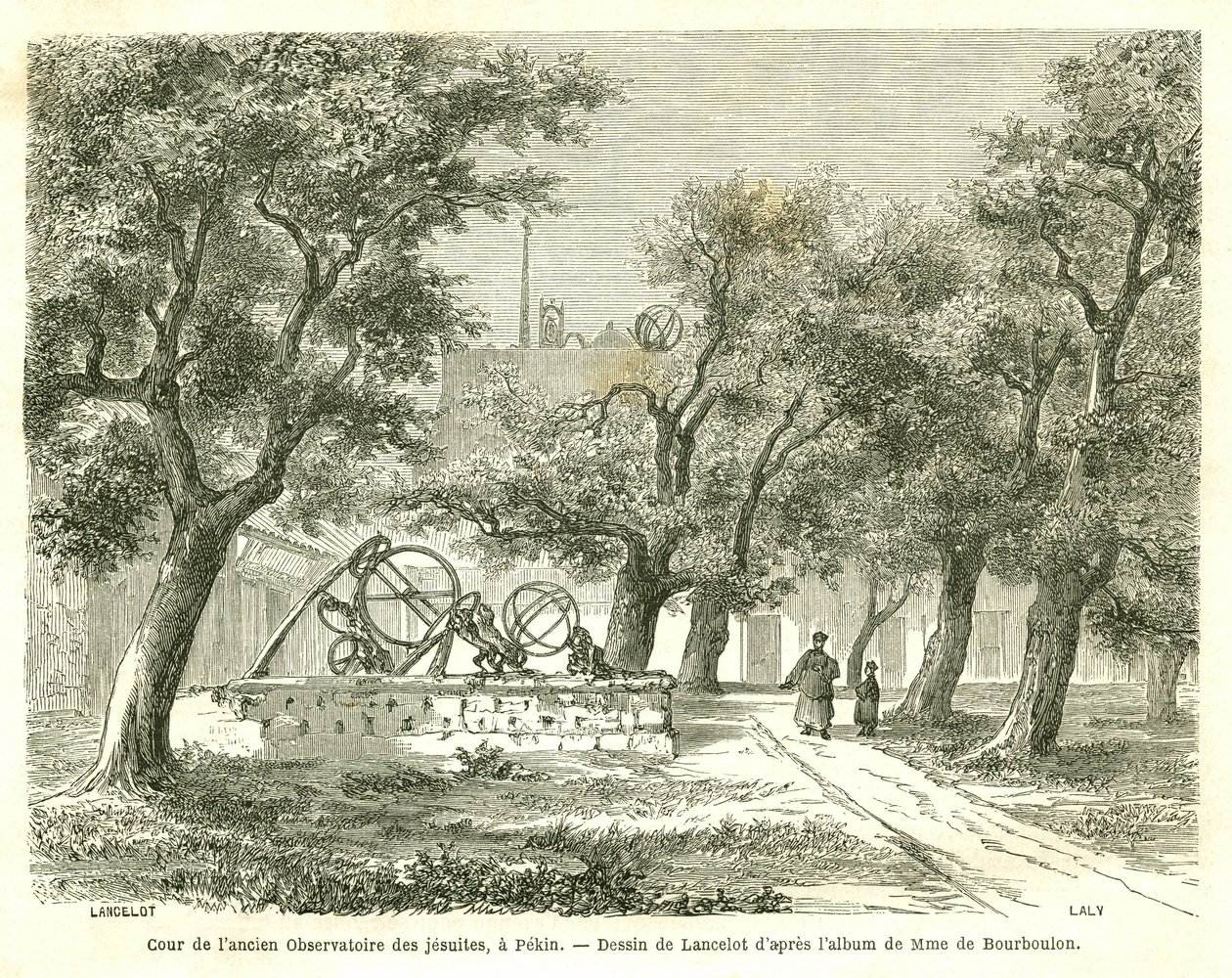 Vista do pátio do antigo Observatório Jesuíta em Pekin (Pequim), China. Gravura de Lancelot, em "Le Tour du Monde, Nouveau journal des Voyages", editado por Edouard Charton, Paris de Dieudonne Auguste Lancelot