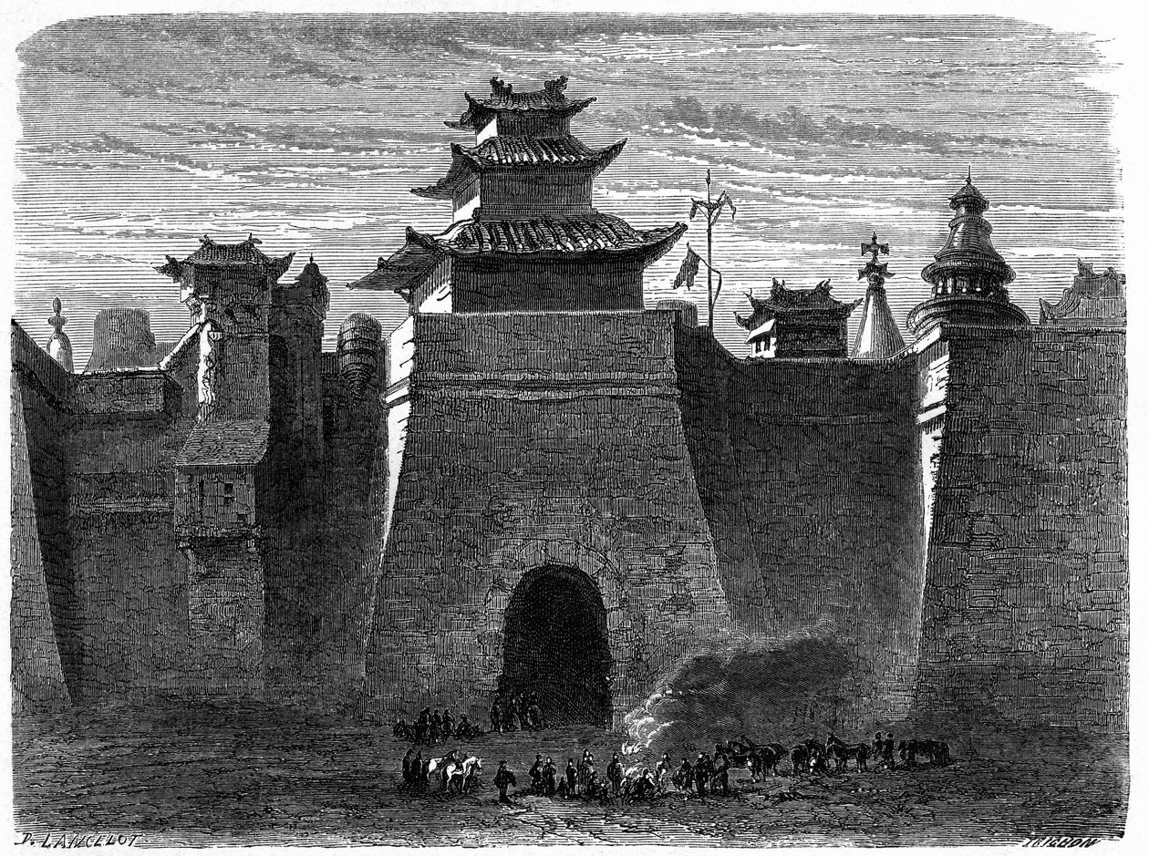 Paredes e Portão de Pequim, China. Gravado por Lancelot, em "Le Tour du Monde, Nouveau journal des Voyages", editado por Edouard Charton, Paris de Dieudonne Auguste Lancelot