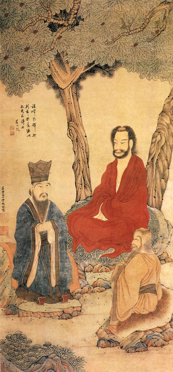 Confúcio e Lao Tseu, dinastia Ming (tinta e cor sobre papel) de Ding Yunpeng