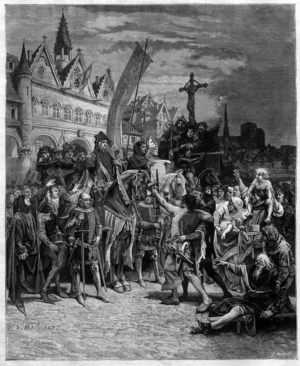 Etienne Marcel e a leitura da grande ordenança de 1357 que estabeleceu uma monarquia controlada pelos estados gerais - gravura após a pintura de Diogene Ulysse Napoleon Maillart (1840-1926) de Diogene Ulysse Napoleon Maillart