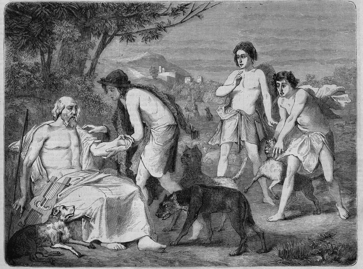 Homere na ilha de Syros. Gravura de 1864, de acordo com a pintura de Maillard. de Diogene Ulysse Napoleon Maillart