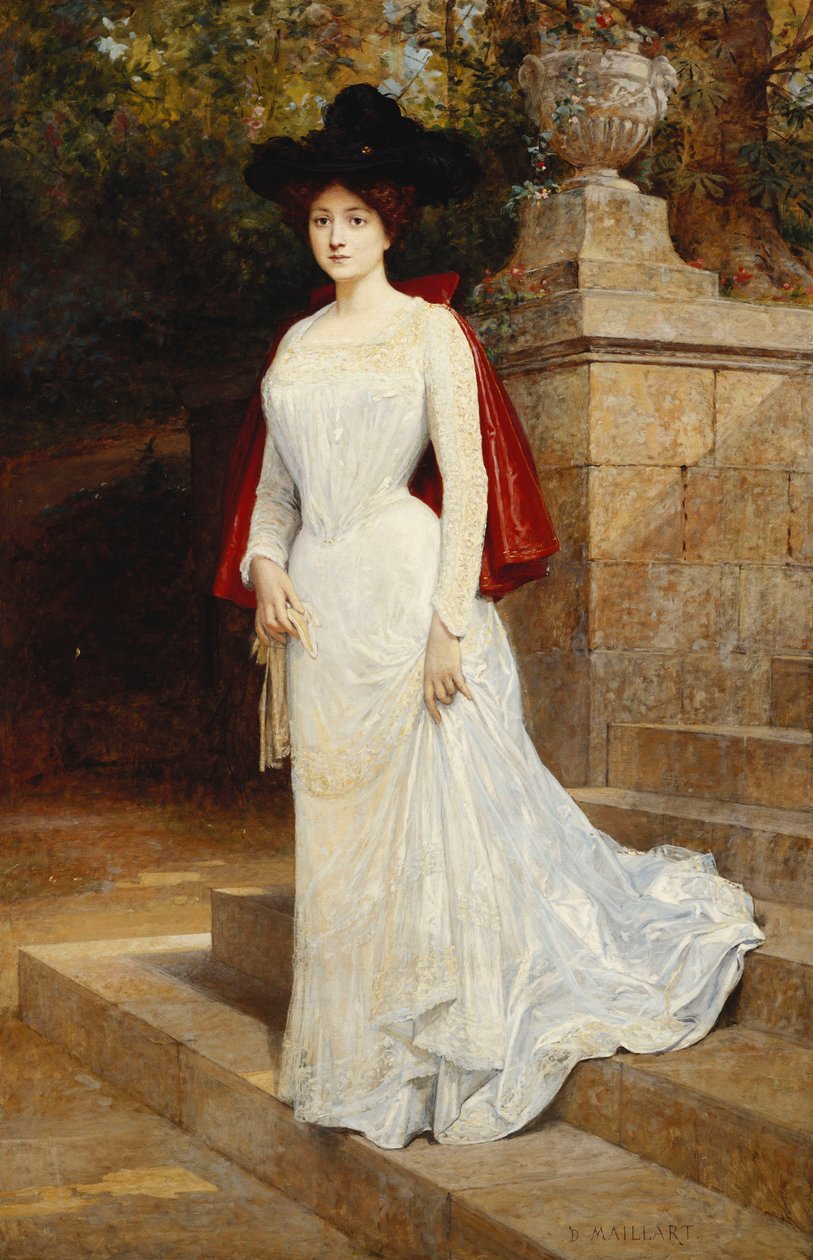Retrato de uma senhora, de pé, usando um vestido creme e uma capa vermelha, de Diogene Ulysse Napoleon Maillart