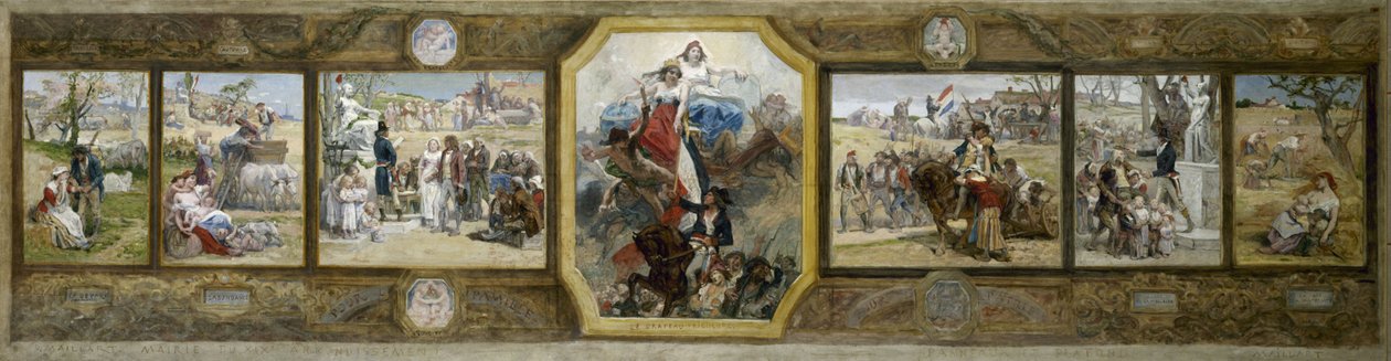 Esboço do salão de casamentos da Câmara Municipal do 19º arrondissement de Paris: A Bandeira Tricolor, Alegorias Republicanas de Diogene Ulysse Napoleon Maillart
