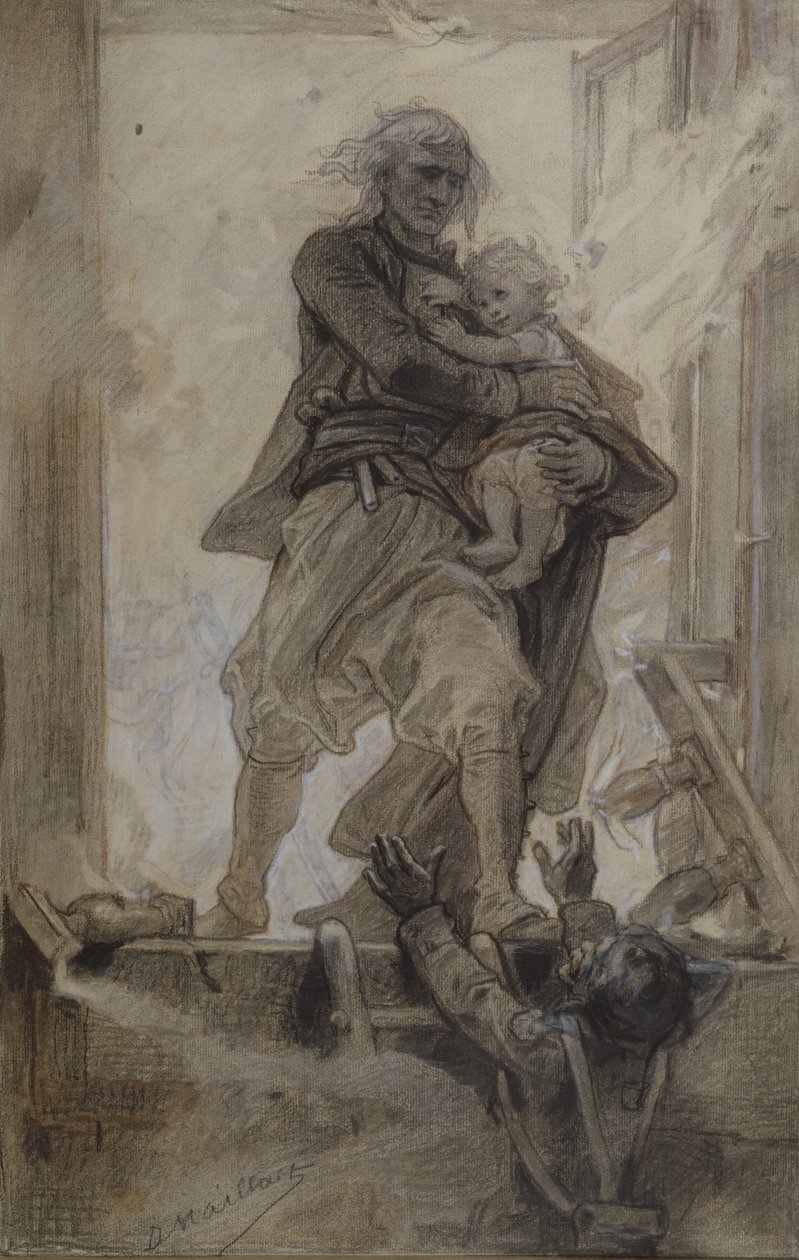 O Marquês de Lantenac salvando uma criança, ilustração de Quatre-vingt-treize por Victor Hugo (1802-85) (lápis, giz de cera e guache sobre papel) de Diogene Ulysse Napoleon Maillart