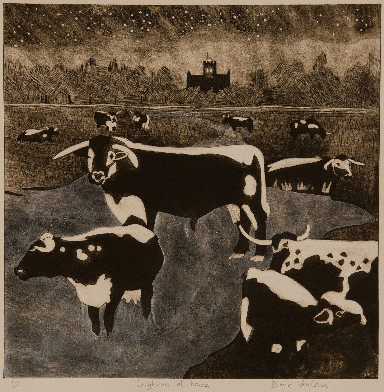 Longhorns em casa, 2017 (collagraph) de Dione Verulam