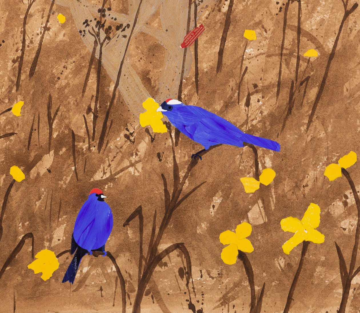 Cores primárias (Diadem Tanagers  Ceibo tree) (acrílico e colagem) de Dione Verulam
