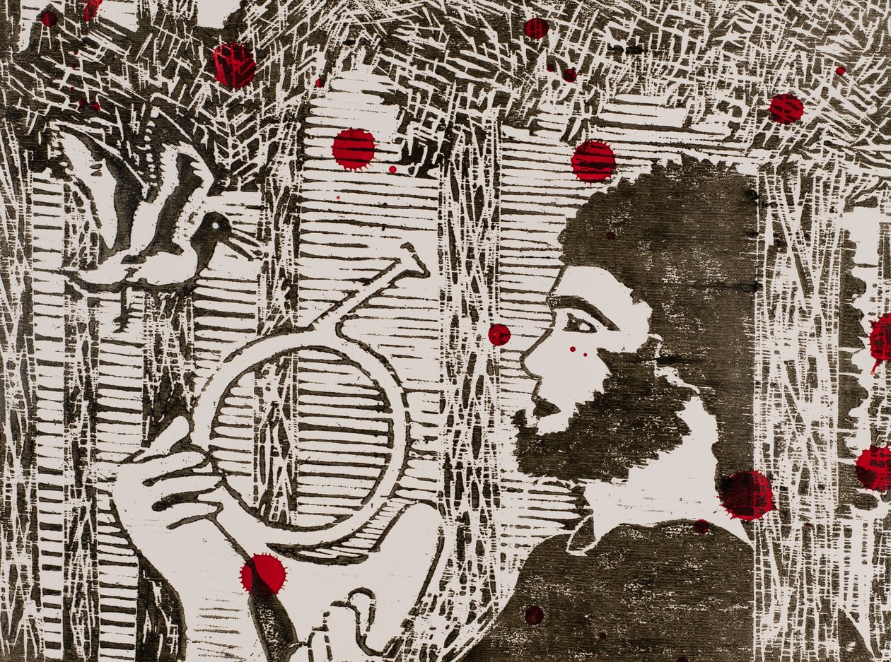 Siegfried, os pássaros do bosque e o sangue do dragão, Ciclo do Anel de Wagner, 2024 (xilogravura) de Dione Verulam