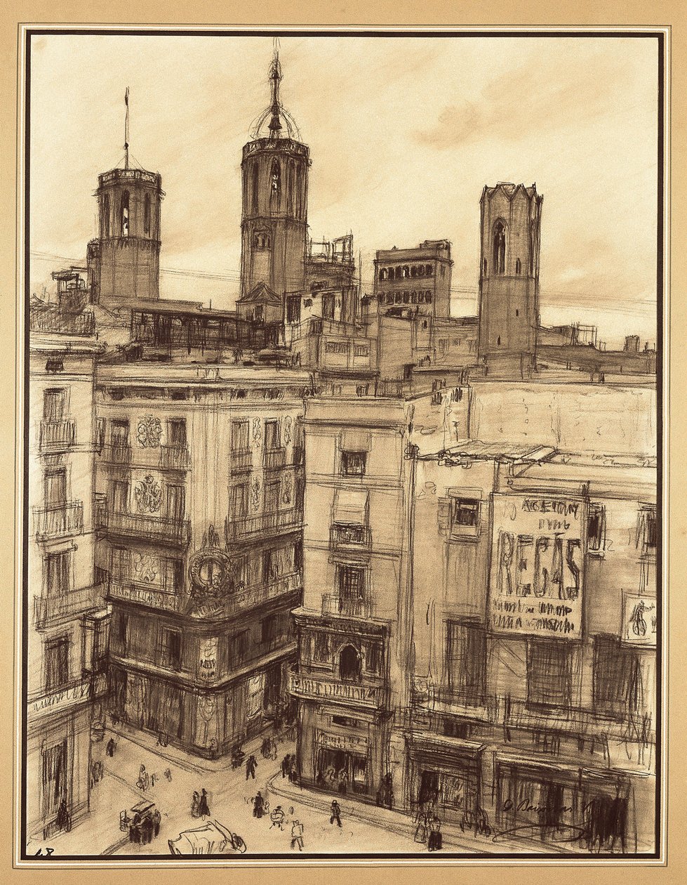 Praça dos Anjos, Barcelona (desenho) de Dionisio Baixeras Verdaguer
