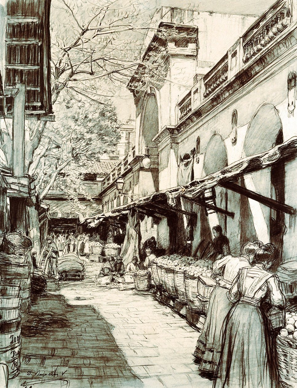 A praça do mercado de Santa Catarina em Barcelona (desenho) de Dionisio Baixeras Verdaguer