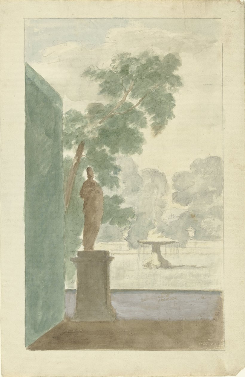 Projeto para decoração de parede em um salão: vista de um jardim com estátua, fonte e urnas de Dionys van Nijmegen (possibly)