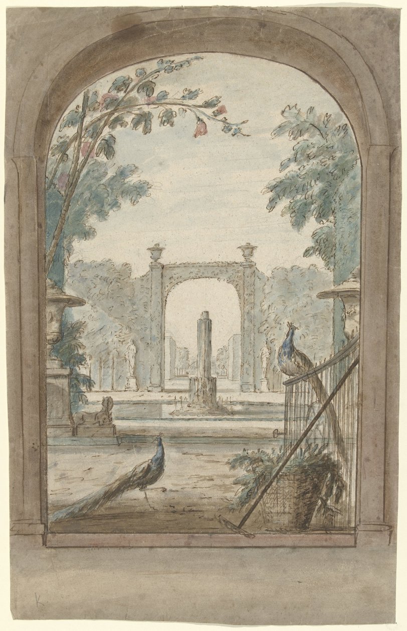 Desenho para uma pintura de sala com cara através de uma vedação num jardim, pavões e ferramentas de jardim de Dionys van Nijmegen (possibly)