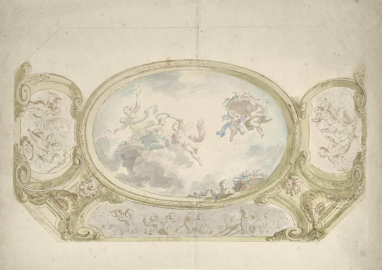 Desenho da pintura do teto: oval com representação alegórica, cercado por cenas com putti de Dionys van Nijmegen (possibly)