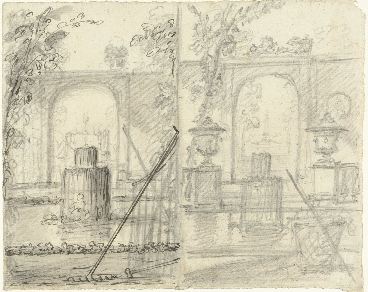 Dois desenhos para uma vista de jardim com fonte e ferramentas de jardim em primeiro plano de Dionys van Nijmegen (possibly)