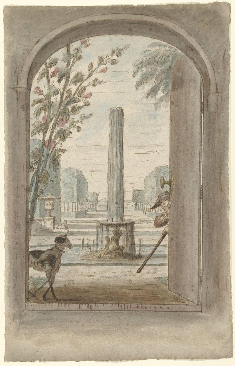 Projeto para uma pintura de quarto com vista através de uma porta aberta em um jardim com uma fonte de Dionys van Nijmegen