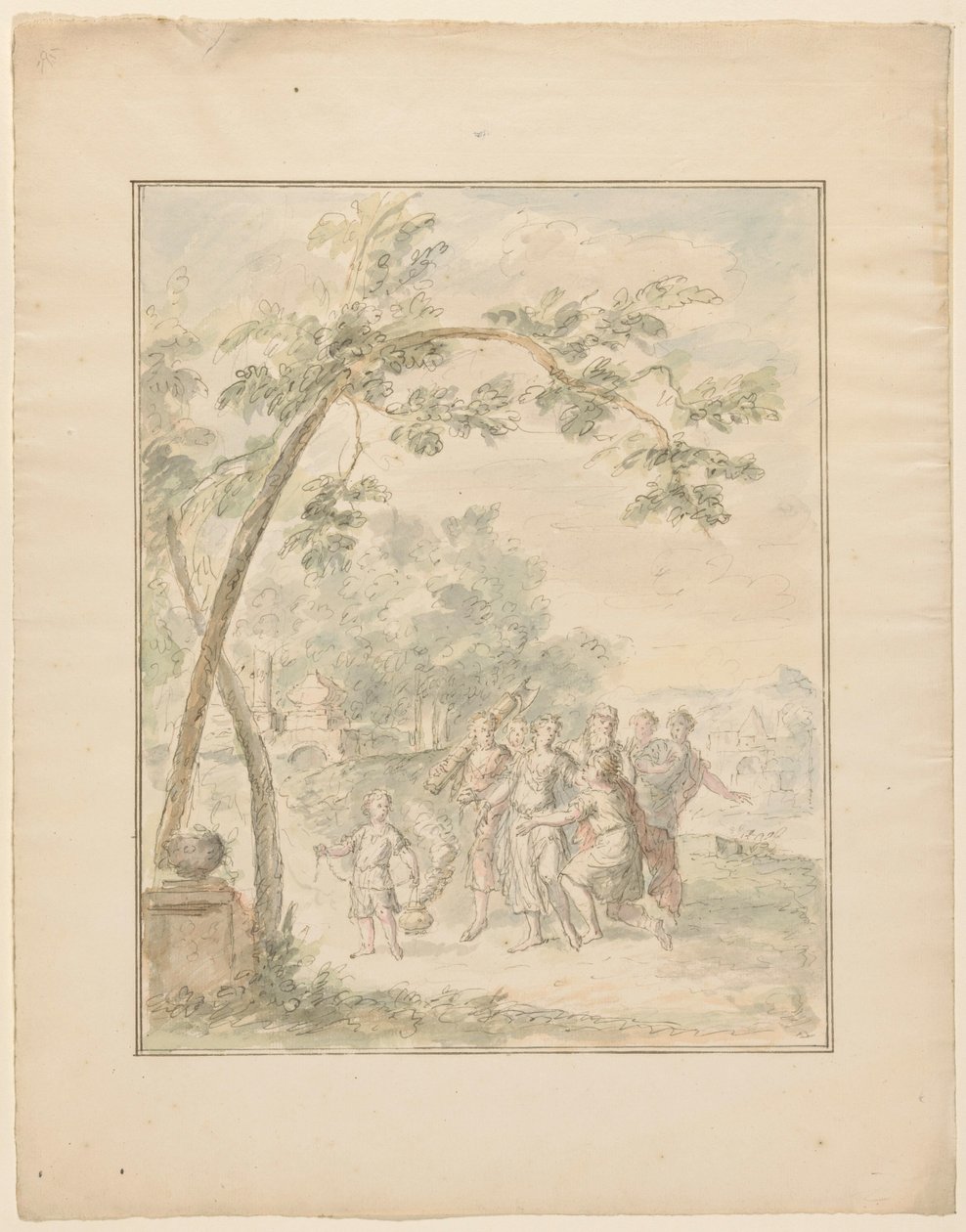Projeto para uma pintura de sala de uma paisagem com um grupo de pessoas de Dionys van Nijmegen