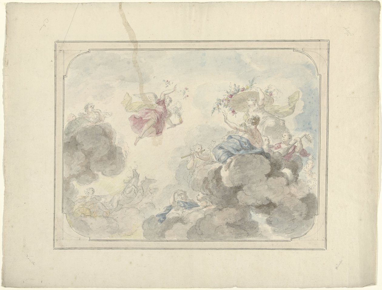 Desenho para um mural de tecto mostrando o rosto no céu onde a Aurora dissipa a escuridão de Dionys van Nijmegen