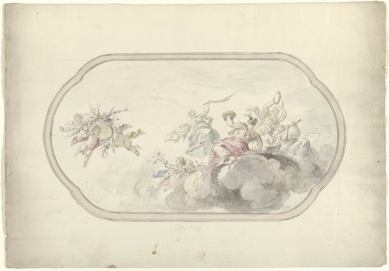 Desenho para uma pintura de tecto mostrando mulheres a fazer música e putti com cesto de flores como uma alegoria da Alegria de Dionys van Nijmegen