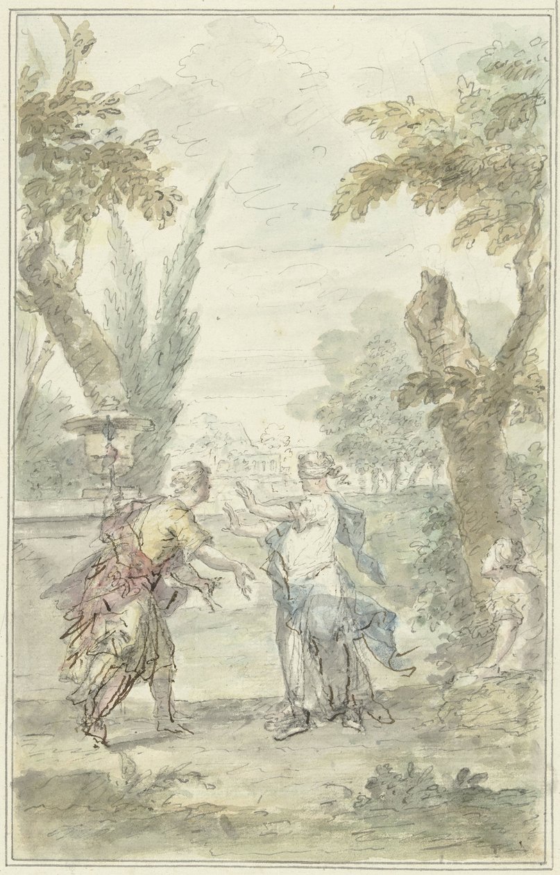 Design para uma peça de salão: Amaryllis, com os olhos vendados, apodera-se de Myrtillo de Dionys van Nijmegen