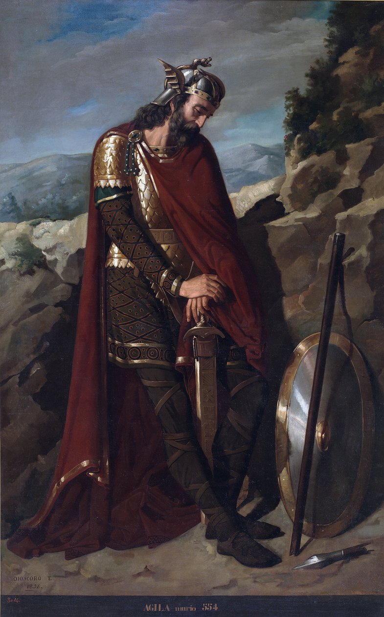 Retrato do Rei Visigótico Agila I (falecido 555) (Rei Visigótico Agila ou Achila, Akhila, Aquila, Agil I) Pintura de Dioscoro Teófilo Puebla Tolin (1831-1901) 1856 Palacio de las Cortes, Madrid de Dioscoro Teofilo Puebla Tolin
