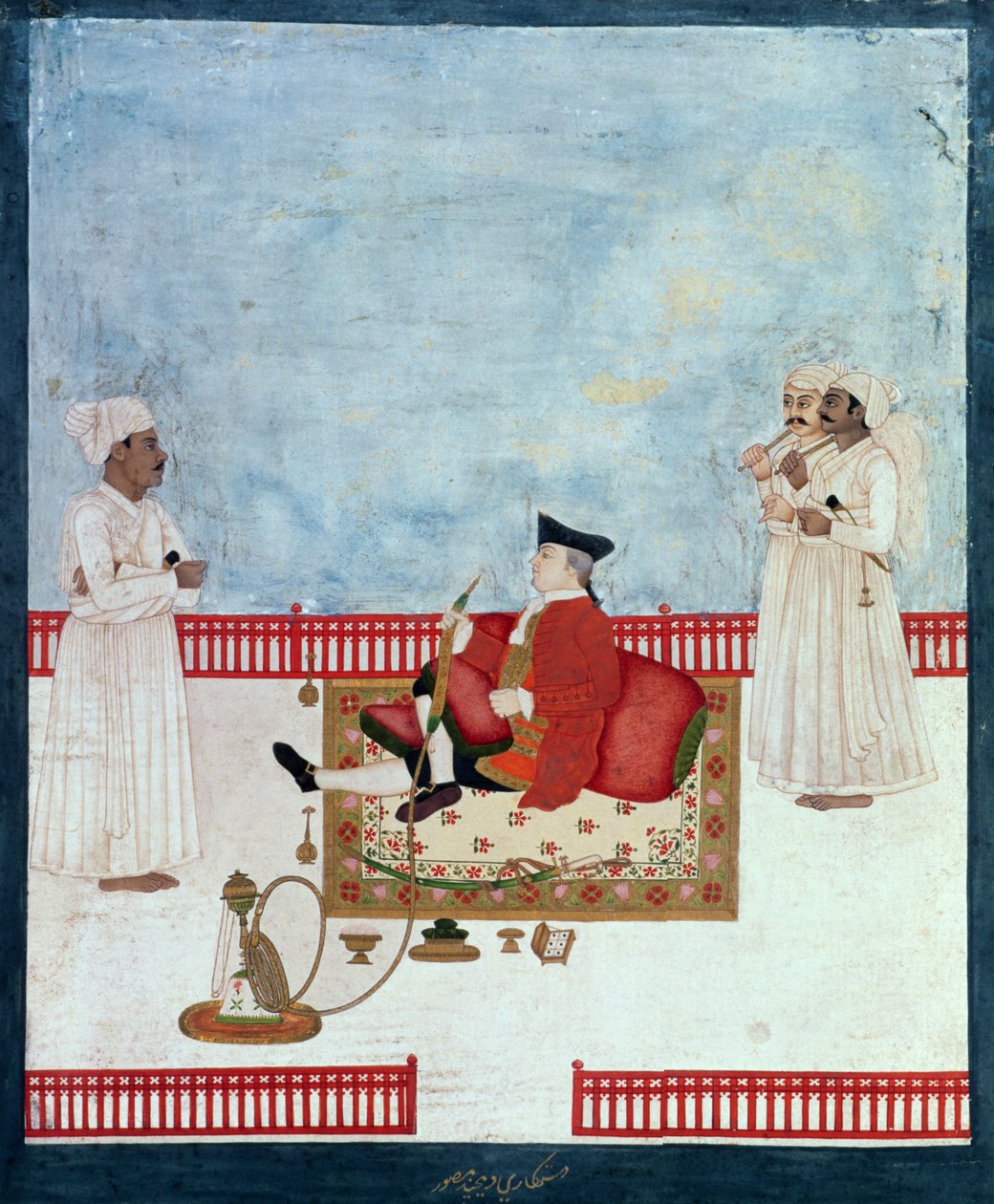 Um europeu sentado em um terraço com atendentes, c.1760-63 (miniatura indiana) de Dip Chand