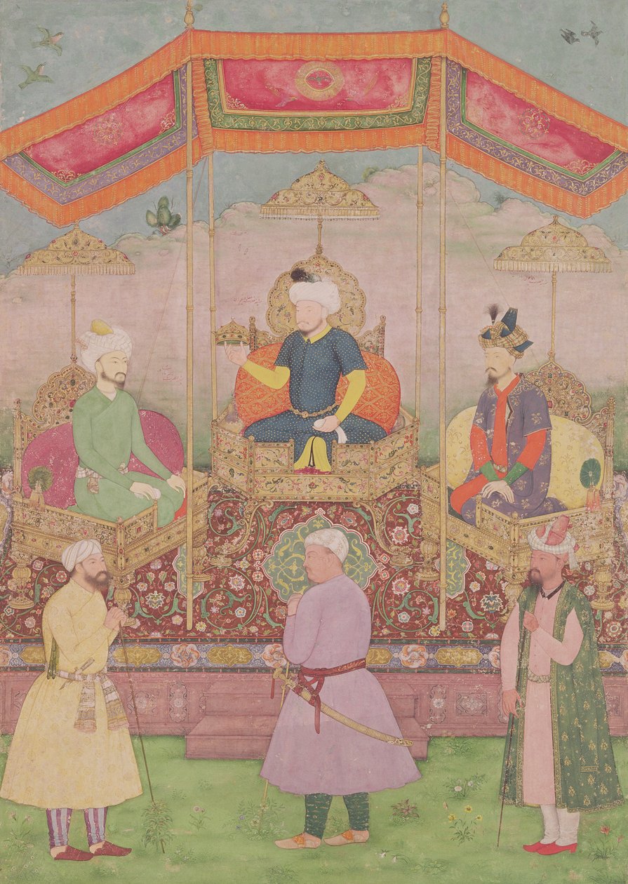 Imperador Mughal Babur e seu filho, Humayan, miniatura indiana do Rajastão, século XVI de Dip Chand