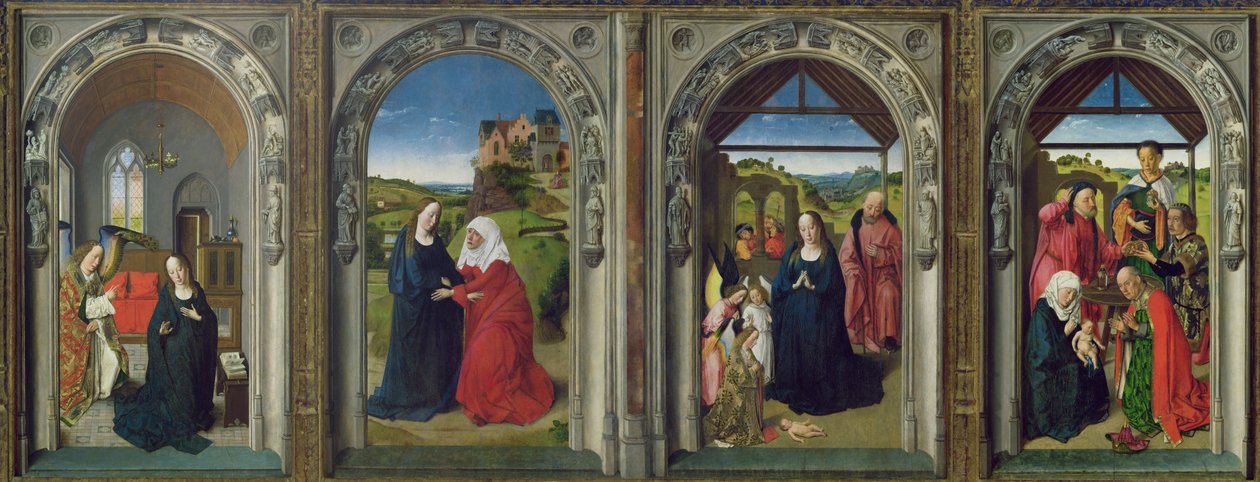 Tríptico mostrando a Anunciação, a Visitação, a Adoração dos Anjos e a Adoração dos Magos, c.1445 (têmpera no painel) de Dirck Bouts