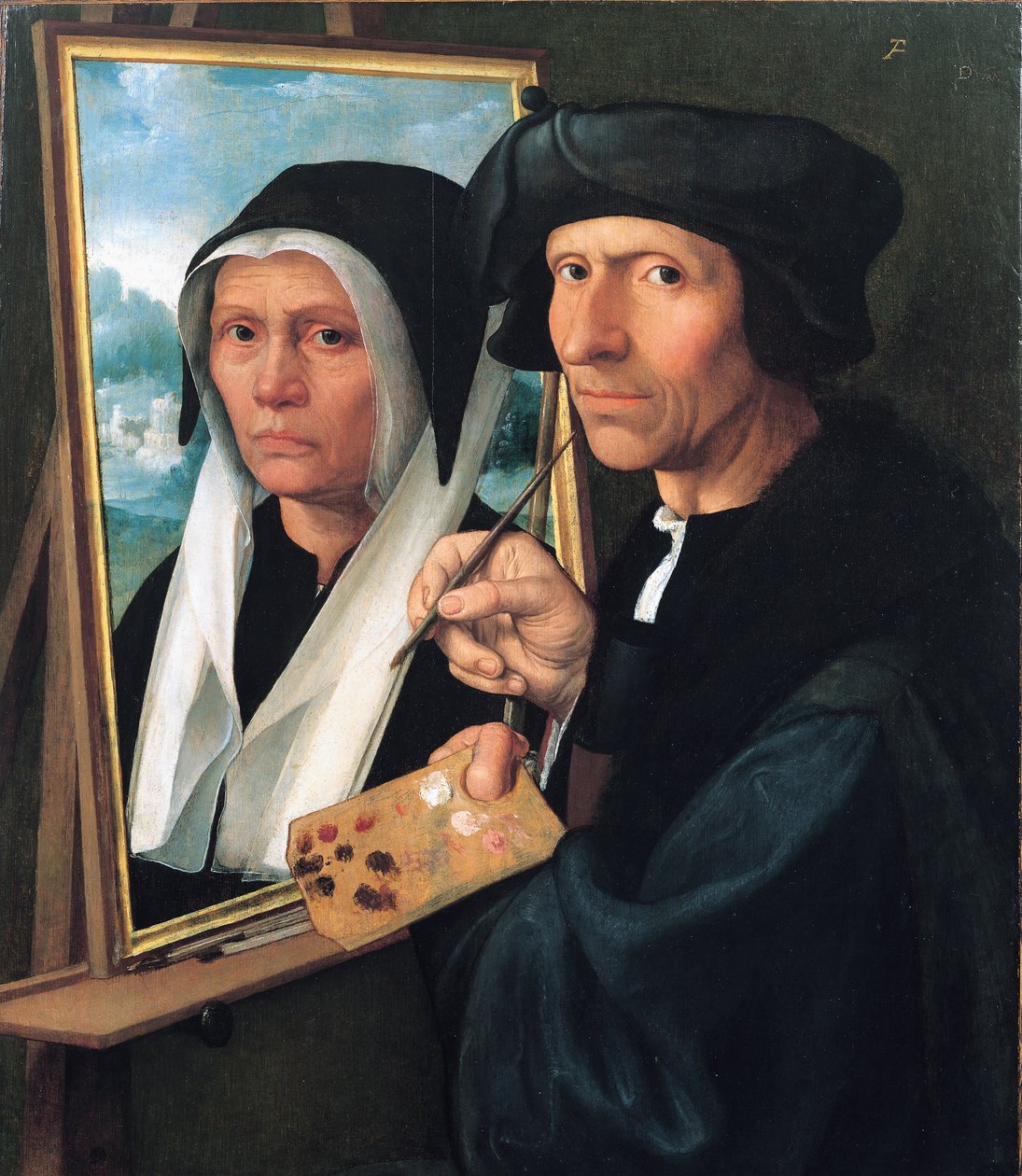 Jacob Cornelisz. van Oostsanen pintando o retrato de sua esposa. de Dirck Jacobsz.
