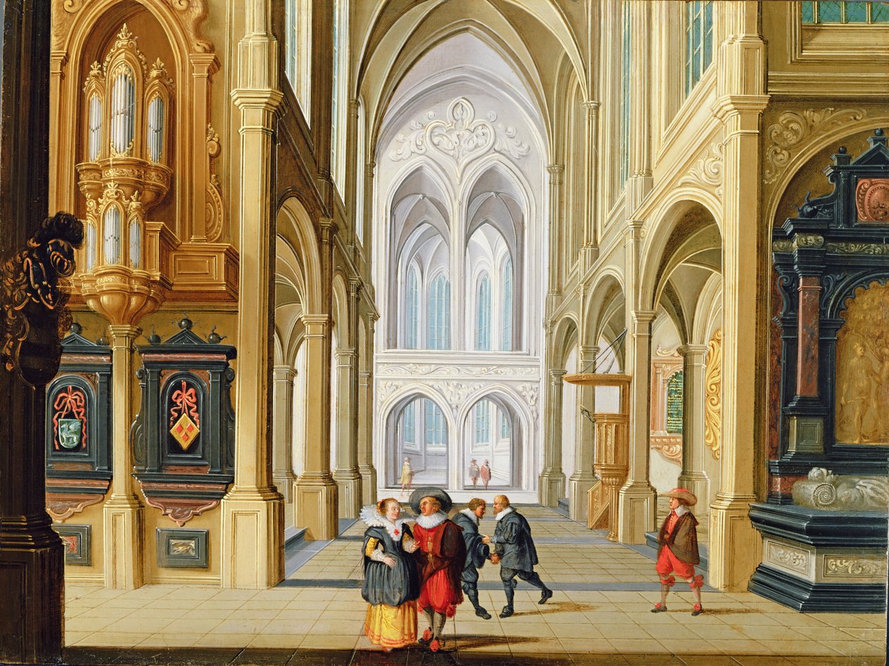 Figuras elegantes em uma igreja gótica de Dirck van Deelen
