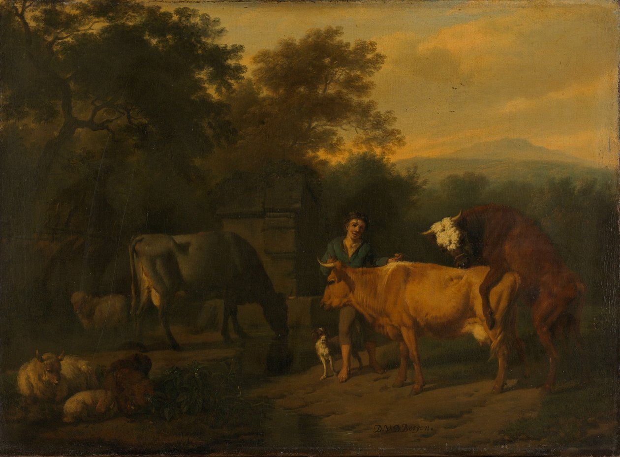 Paisagem com pastor e gado de Dirck van der Bergen