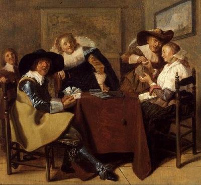 Uma Festa de Cartão Elegante (óleo sobre painel) de Dirck (attr. to) Hals
