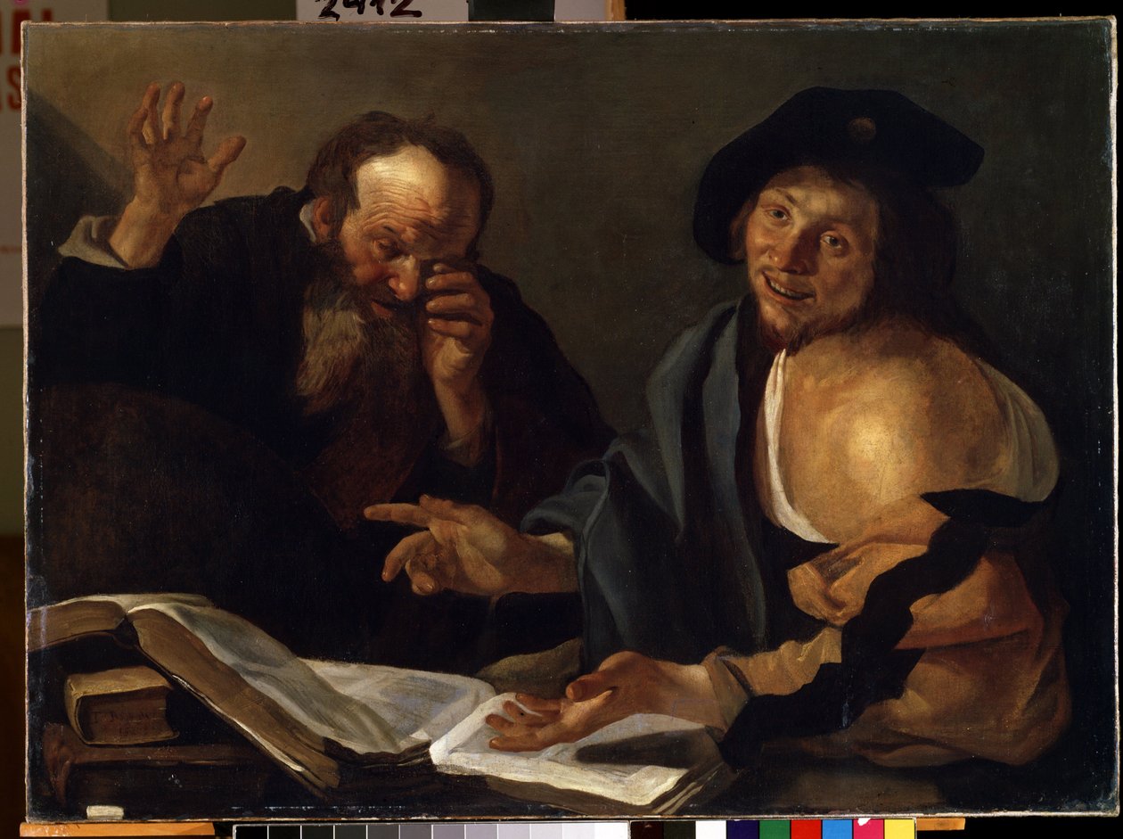 """"Heráclito e Demócrito"" Os filósofos gregos Heráclito de Éfeso (Heráclito) (535-475 aC) e Demócrito (Demócrito) (460-370 aC). Pintura de Theodore van Baburen (Dirk Baburen) (1570/90-1623/4) Museu de Belas Artes Mikalo do século XVII de Dirck Baburen van