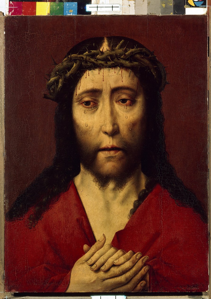 Ecce Homo (Aqui está o homem). Pintura de Dirck (Dieric, Dirk) Bouts le Vieux (o Velho) (1410-1475), óleo sobre madeira. Arte primitiva flamenga do século XV. State Hermitage, São Petersburgo de Dirck Bouts
