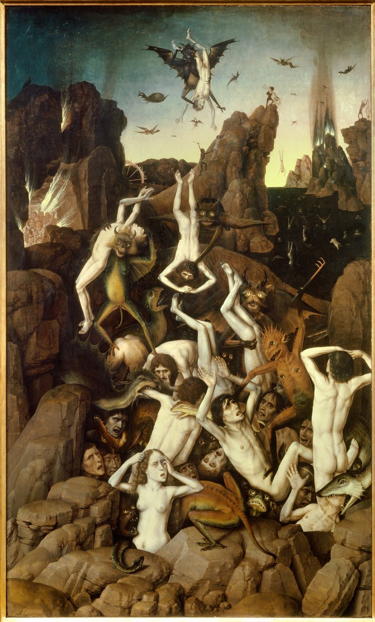 Que diabo. A queda das repreensões. Pintura de Dirck (Dieric, Dirk) Dobra o Antigo (o Ancião) (1410-1475) Ec. Hol. de Dirck Bouts