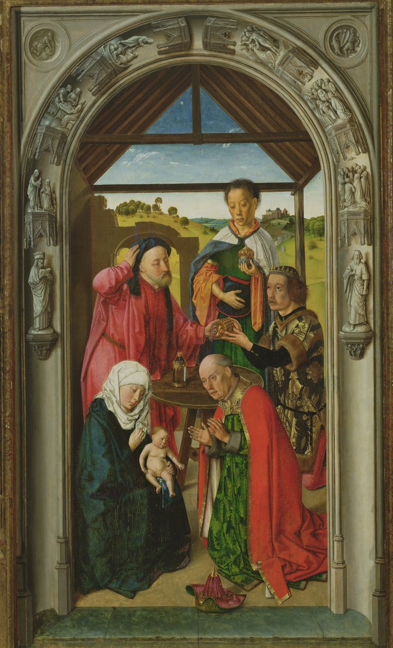 A Adoração dos Magos, c.1445 óleo no detalhe do painel de 36895 de Dirck Bouts