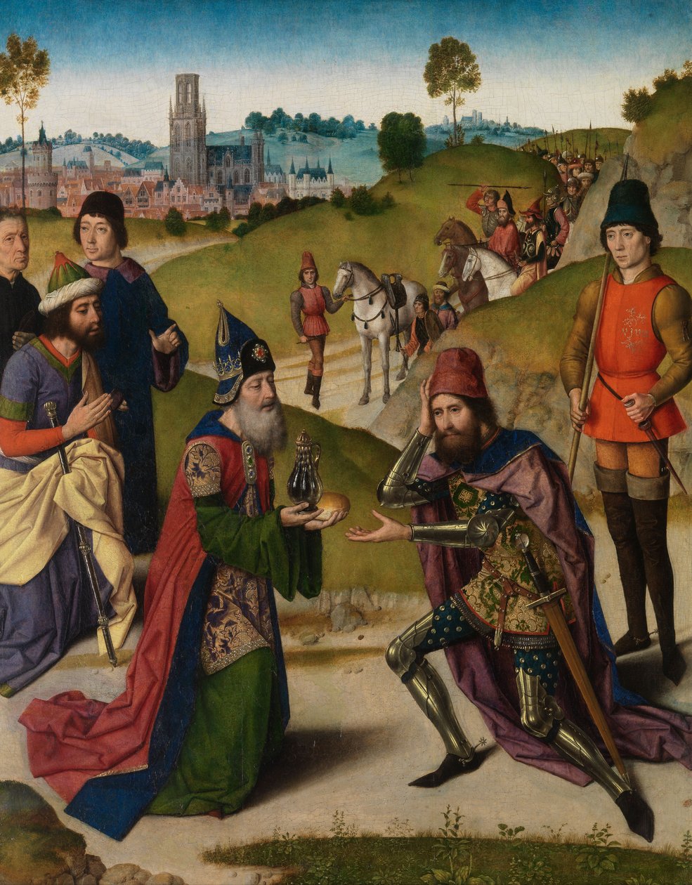 O Encontro de Abraão e Melquisedeque, detalhe do Altar do Santo Sacramento, c.1464-68 (óleo sobre painel) de Dirck Bouts