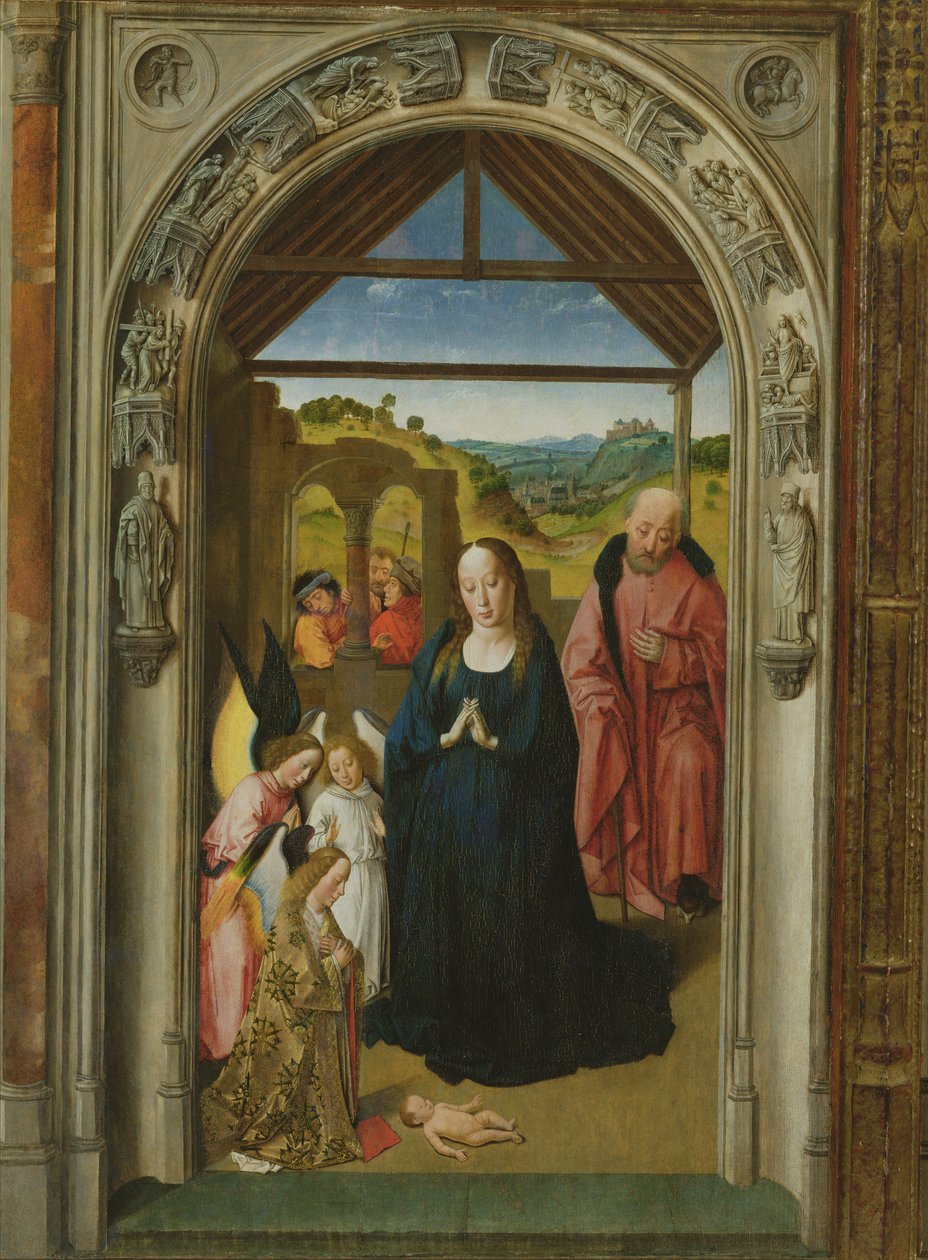 A Natividade, c.1445 óleo no detalhe do painel de 36895 de Dirck Bouts