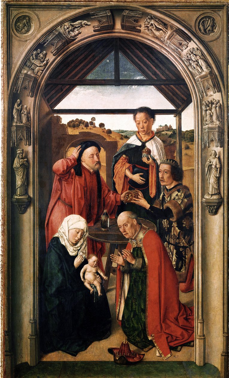 A adoração dos Reis Magos (óleo sobre madeira, c. 1445) de Dirck Bouts