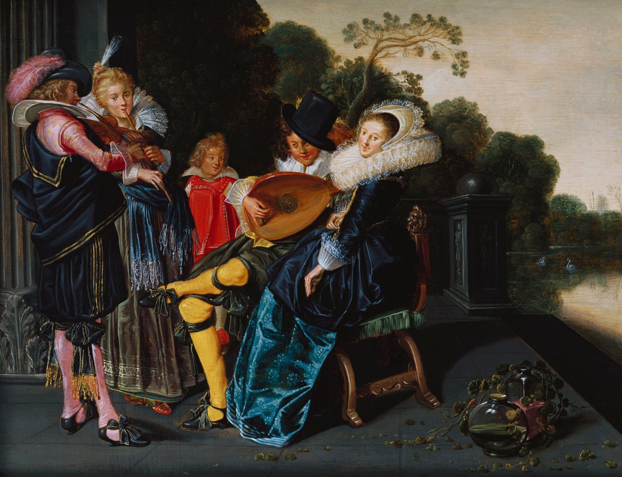 Uma festa elegante fazendo música em um lago ornamental de Dirck Hals