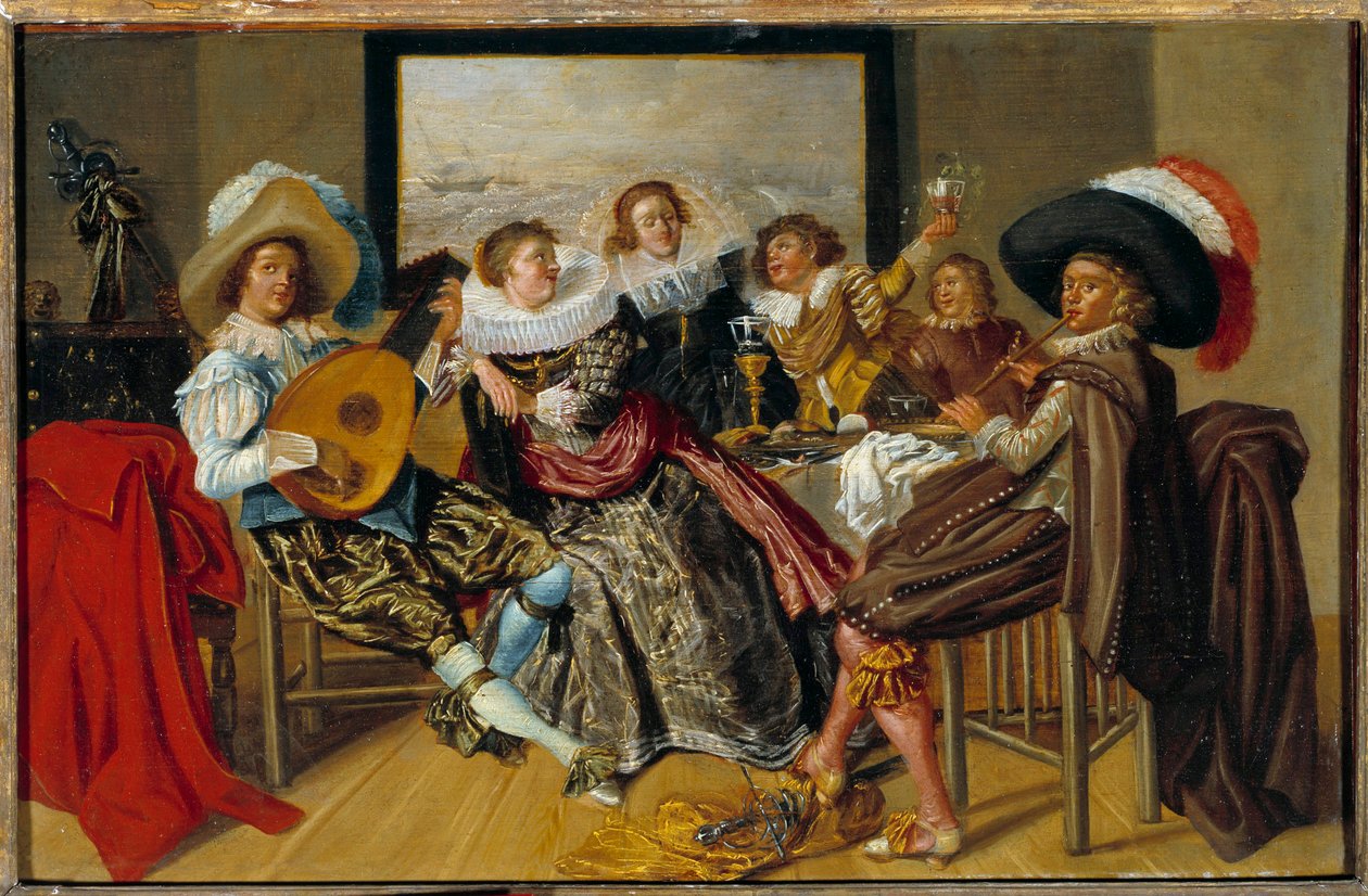 Gallant Meeting Musicians and young women playing music and raising their glasses at a party. Pintura de Dirk Hals (1591-1656) 1625 Sun. 0,3x0,46 m de Dirck Hals